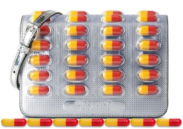 MOSCHINO PILL PACK METALLIC FAUX LEATHER CLUTCH